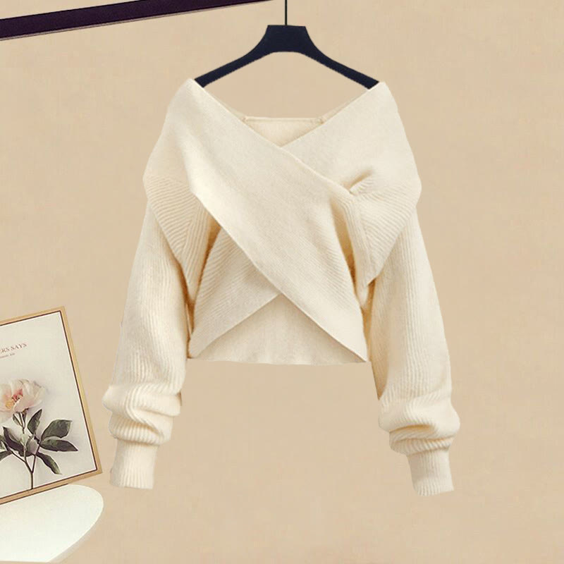 クロスニットセーター、ブラックトップス、ワイドレッグパンツスカートのマッチングコーデ - Sweater - XL - image 2