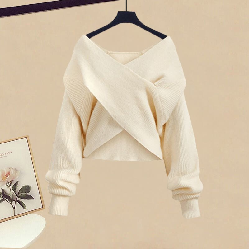 クロスニットセーター、ブラックトップス、ワイドレッグパンツスカートのマッチングコーデ - Sweater - XL - image 2