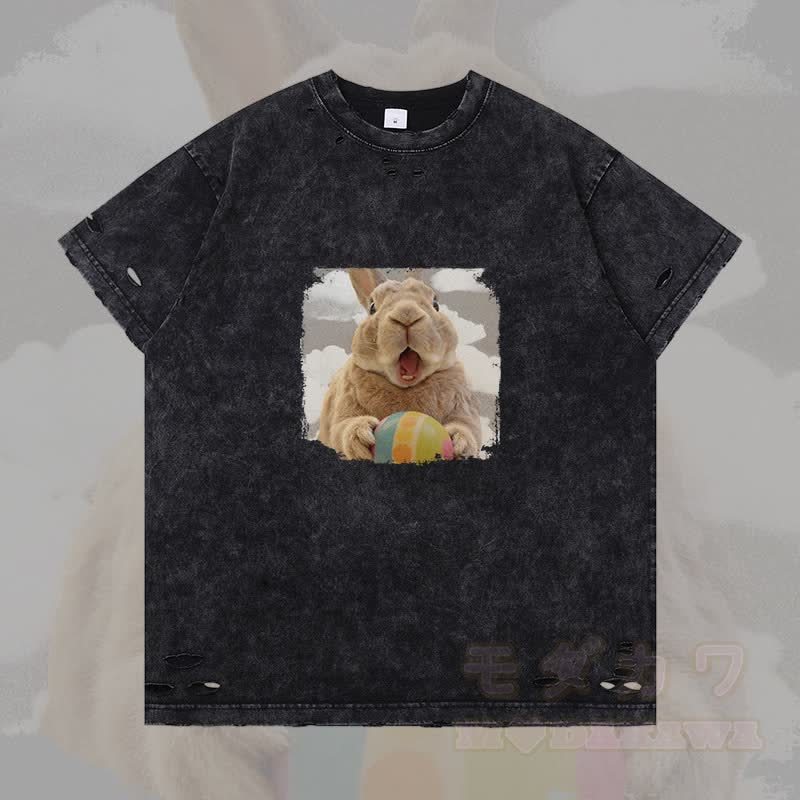 イースターエッグバニーグラフィックModakawaリップドTシャツ - 黒 - 2XL - image 3