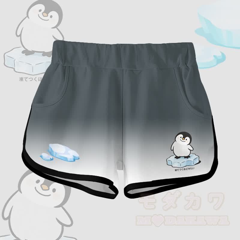 ペンギン柄100%綿Tシャツ グラデーションショーツModakawaツーピースセット - グレーのショートパンツ - 5XL - image 5