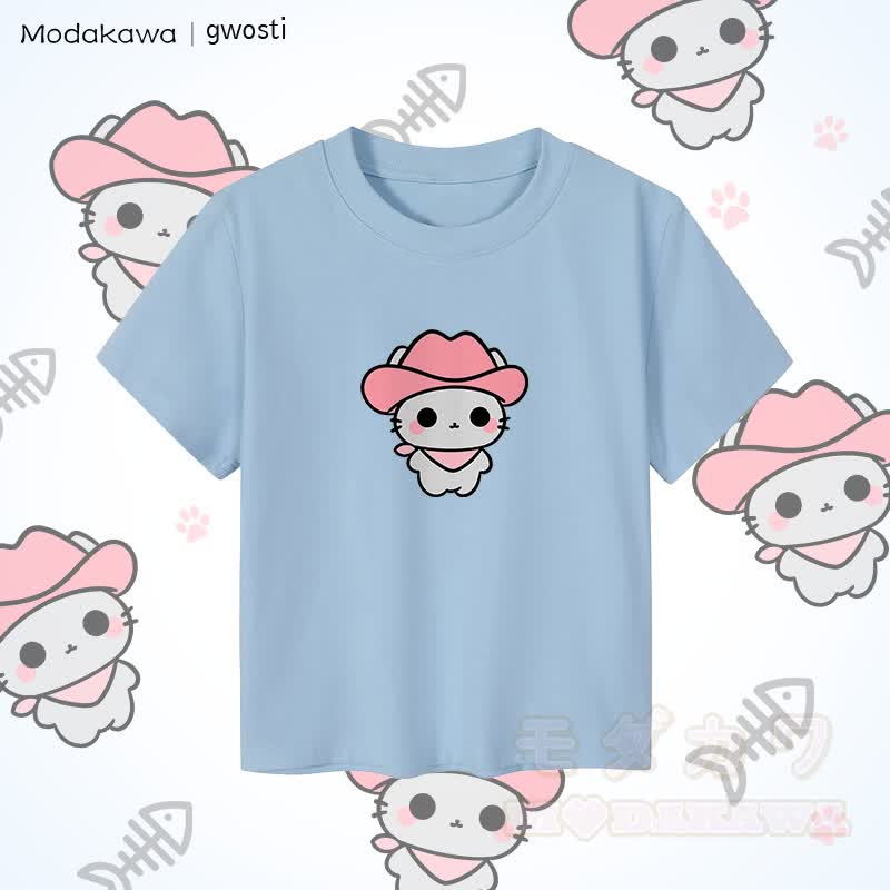 MODAKAWA X gwosti ピンク Meowdy グラフィック レディース クロップド Tシャツ 92% コーマ綿クロップトップ - 青 - XL - image 5