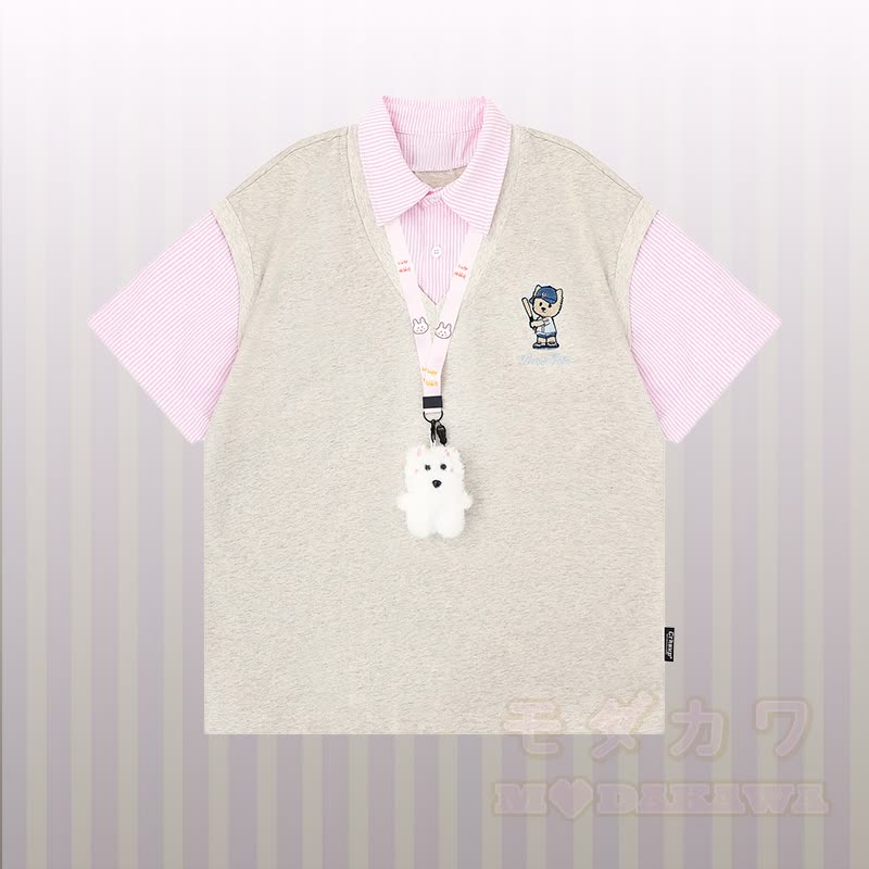 子犬の刺繍入りストライプカラーブロックポロシャツとダメージデニムパンツのModakawaお揃いコーデ - グレーのTシャツ - XL - image 3