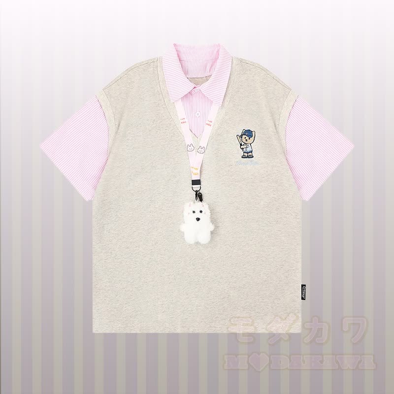 子犬の刺繍入りストライプカラーブロックポロシャツとダメージデニムパンツのModakawaお揃いコーデ - グレーのTシャツ - XL - image 3