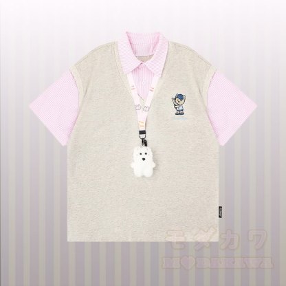 子犬の刺繍入りストライプカラーブロックポロシャツとダメージデニムパンツのModakawaお揃いコーデ - グレーのTシャツ - XL - image 3