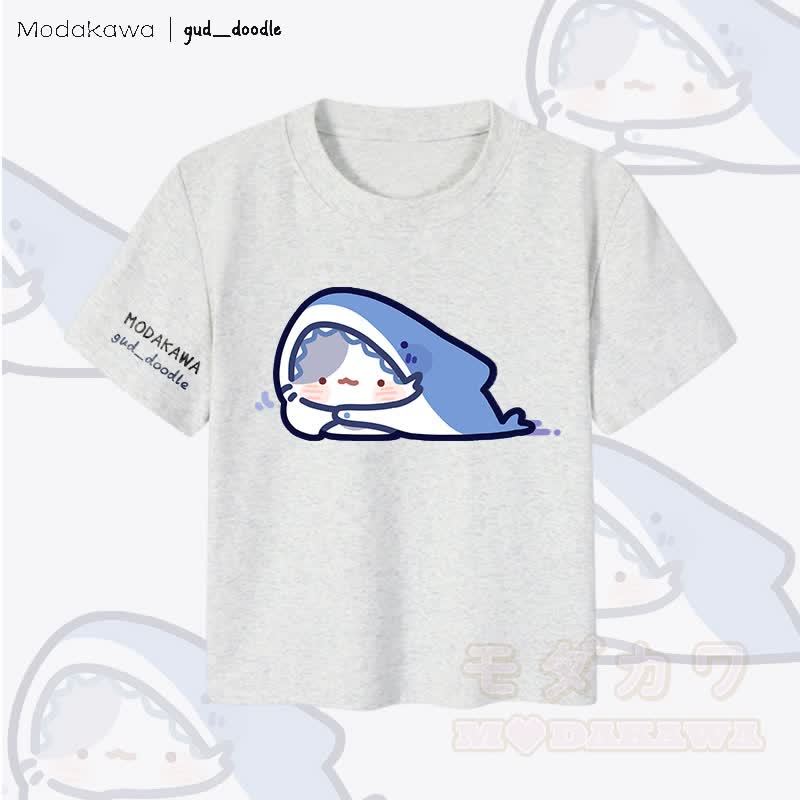 MODAKAWA x gud_doodleキティシャークグラフィック レディース クロップドTシャツ 92%コーマ綿クロップトップ - グレー - XL - image 5