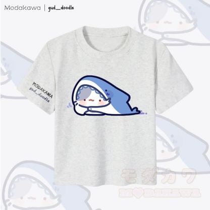 MODAKAWA x gud_doodleキティシャークグラフィック レディース クロップドTシャツ 92%コーマ綿クロップトップ - グレー - XL - image 5