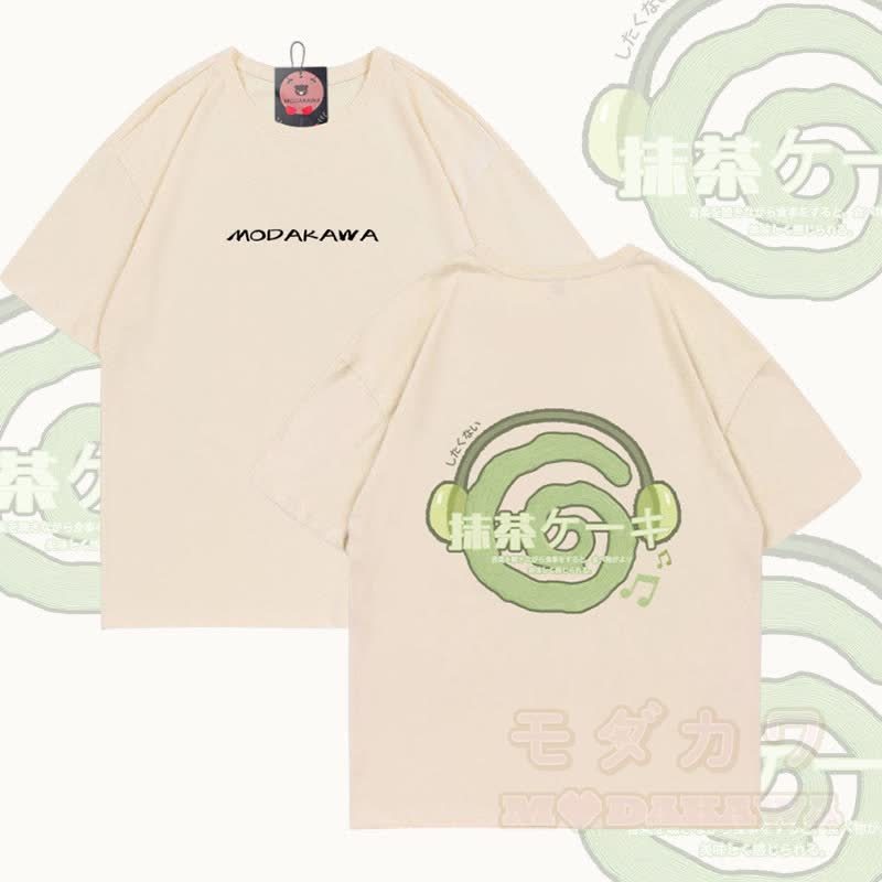 抹茶ヘッドフォングラフィックModakawa綿Tシャツ - アプリコット - 5XL - image 2