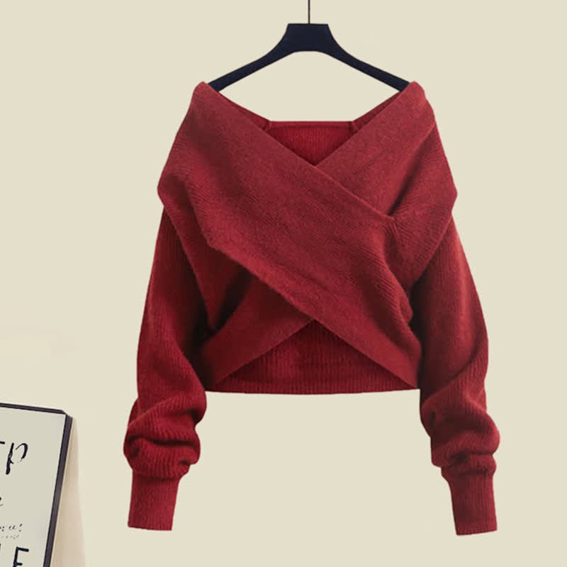 クロスニットセーターのフリル付きスリップドレスのマッチングアウトフィット - Red Sweater - XL - image 8