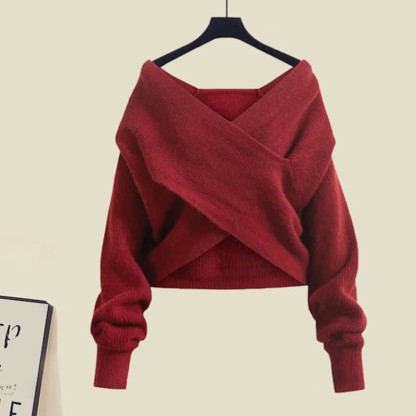 クロスニットセーターのフリル付きスリップドレスのマッチングアウトフィット - Red Sweater - XL - image 8