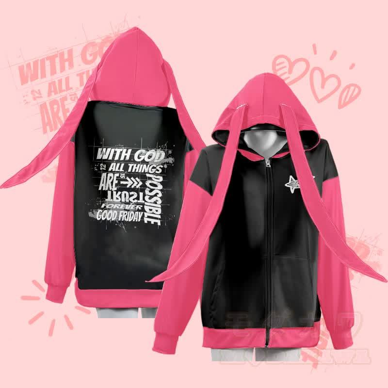 MODAKAWA WITH GOD ALL THINGS ARE POSSIBLE グラフィック ジッパー ロング バニーイヤー パーカー - 黒 - 4XL - image 3