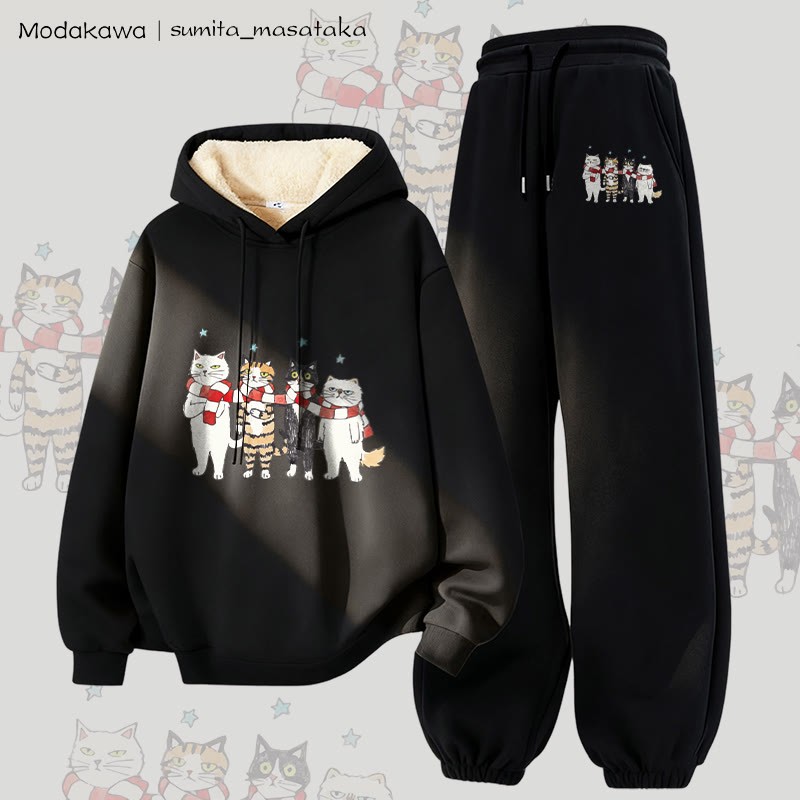 MODAKAWA X sumita_masataka スカーフシェアリングキャッツグラフィック 厚手裏起毛パーカーパンツ 2点セット - Black - 5XL - image 5