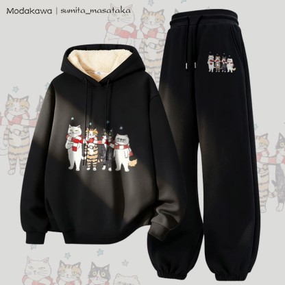 MODAKAWA X sumita_masataka スカーフシェアリングキャッツグラフィック 厚手裏起毛パーカーパンツ 2点セット - Black - 5XL - image 5
