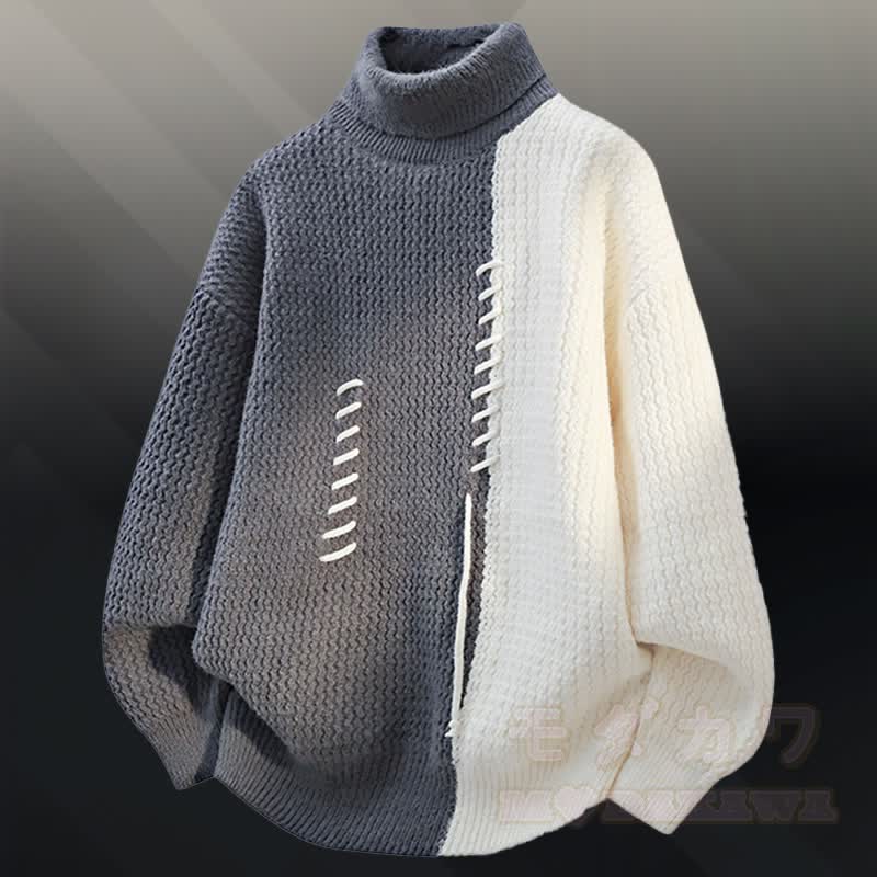 タートルネックカラーブロック フリース裏地 セーター デニムパンツ ツーピース - グレーのセーター - 3XL - image 6