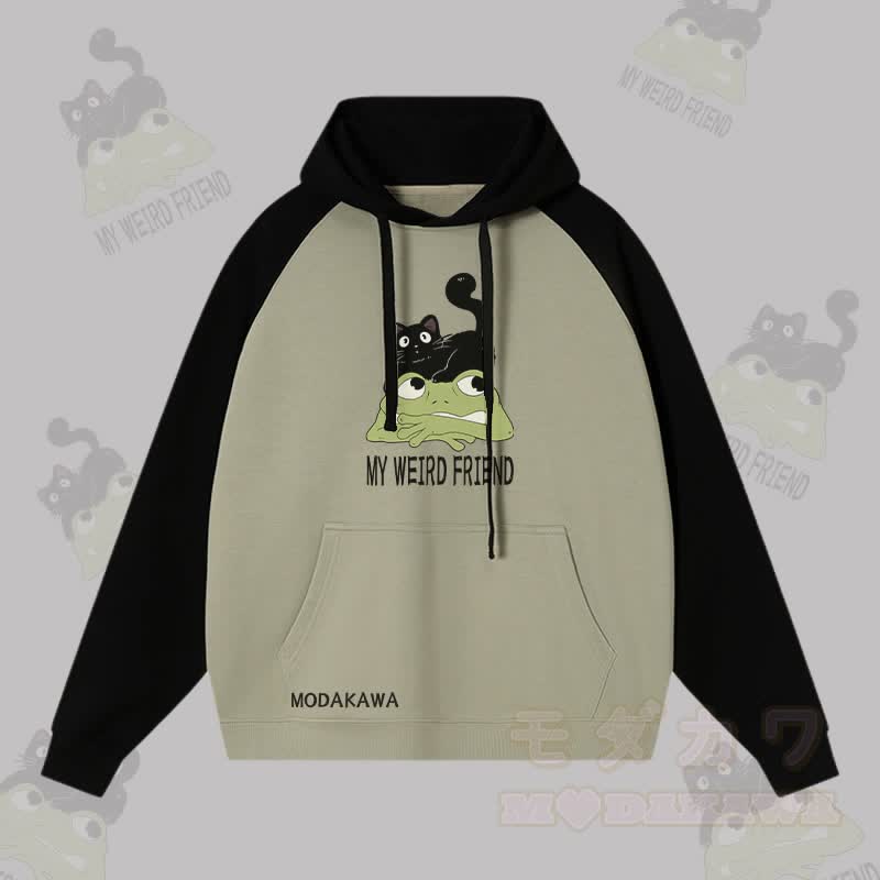 MY WEIRD FRIEND ブラックキャットフロッググラフィックストリートウェアカラーブロックパーカー - ブラック＆グリーン - 3XL - image 4