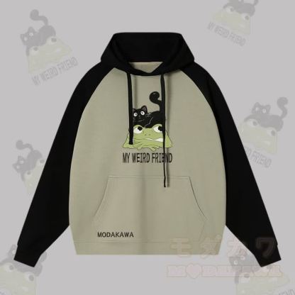 MY WEIRD FRIEND ブラックキャットフロッググラフィックストリートウェアカラーブロックパーカー - ブラック＆グリーン - 3XL - image 4