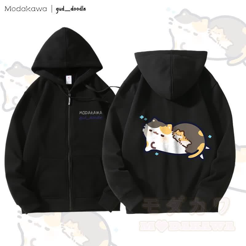 MODAKAWA x gud_doodleスリーピングキティ グラフィック フリース 裏地 ジップアップ パーカー スウェットシャツ - 黒 - 5XL - image 5