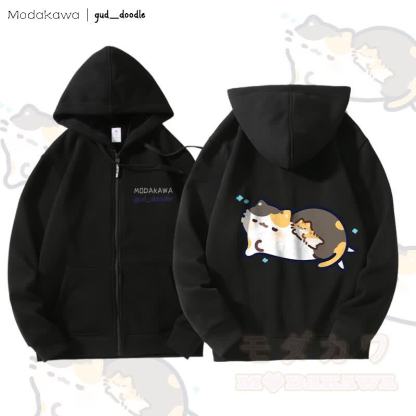 MODAKAWA x gud_doodleスリーピングキティ グラフィック フリース 裏地 ジップアップ パーカー スウェットシャツ - 黒 - 5XL - image 5