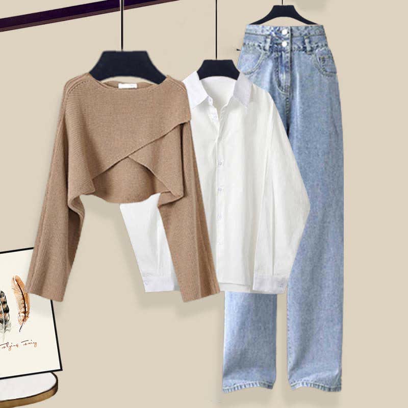 クロスニットセーター、ラペルシャツ、デニムパンツのマッチングコーデ - Khaki Set - XL - image 2