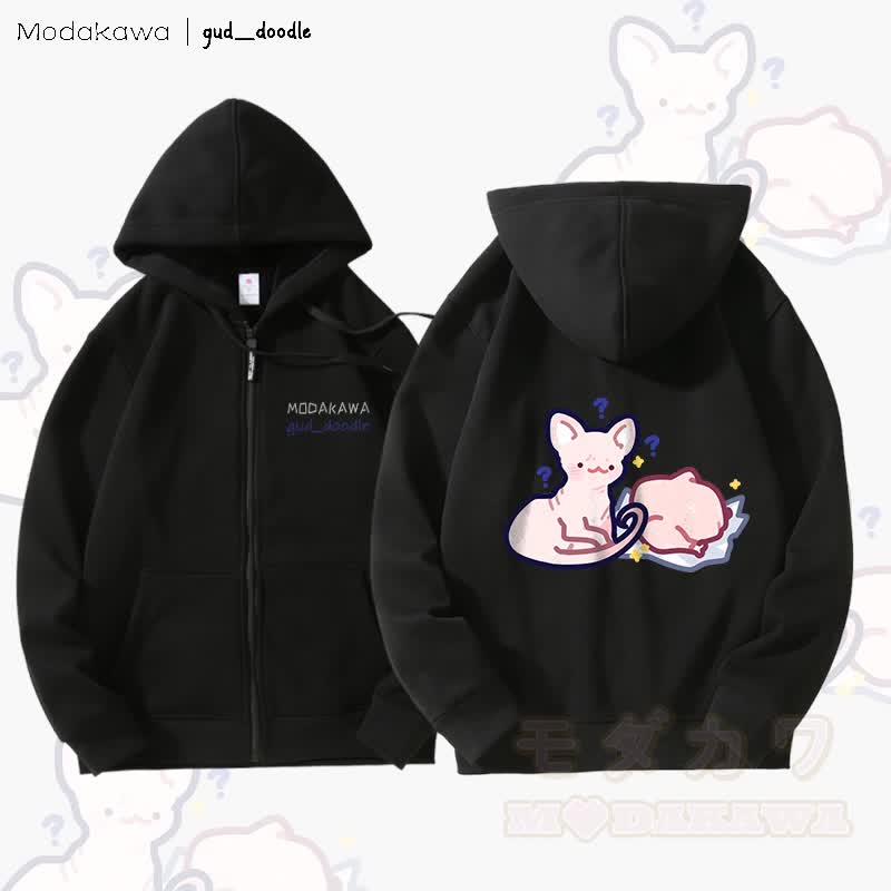 MODAKAWA x gud_doodleキティチキングラフィック 裏起毛 ジップアップ パーカー スウェットシャツ - 黒 - 5XL - image 5
