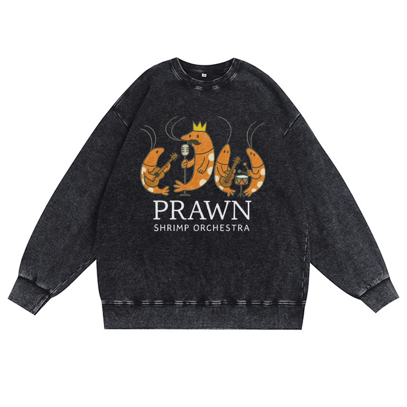 PRAWN SHRIMP ORCHESTRA ユニセックス ヴィンテージウォッシュドスウェットシャツ バンドグラフィック クルーネックプルオーバー - 黒 - 3XL - image 3