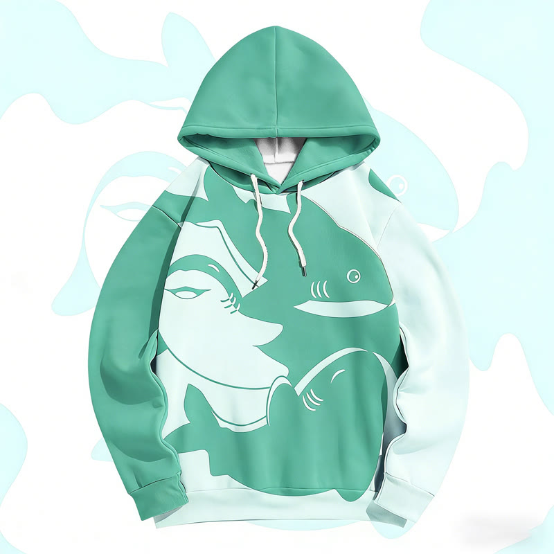 MODAKAWA シャークグラフィックカラーブロック総柄プルオーバーパーカー - Green - 6XL - image 3