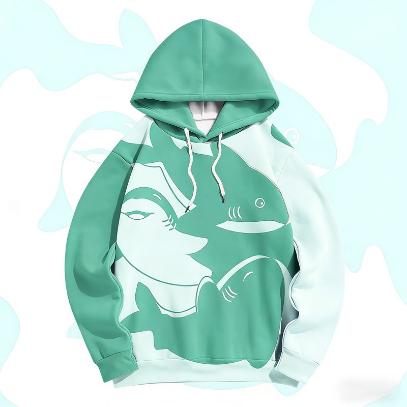MODAKAWA シャークグラフィックカラーブロック総柄プルオーバーパーカー - Green - 6XL - image 3