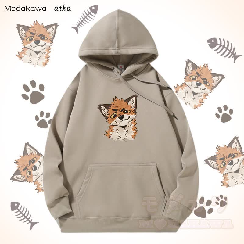 面白いキツネのグラフィックフリース裏地パーカー - ライトカーキ - 5XL - image 5