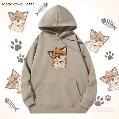 面白いキツネのグラフィックフリース裏地パーカー - ライトカーキ - 5XL - image 5