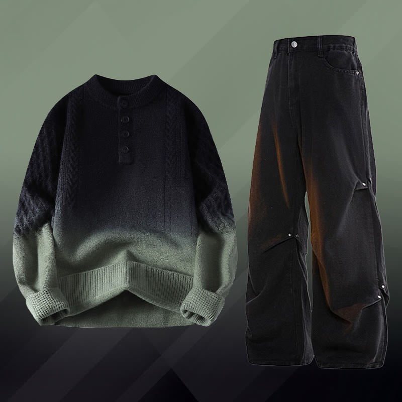 グラデーションケーブルニットセーター デニムパンツ ツーピース - Set E - 3XL - image 5