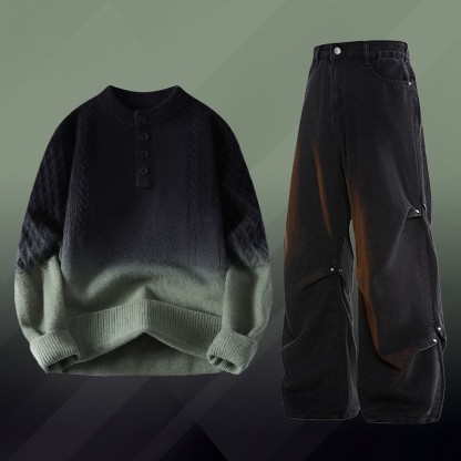 グラデーションケーブルニットセーター デニムパンツ ツーピース - Set E - 3XL - image 5