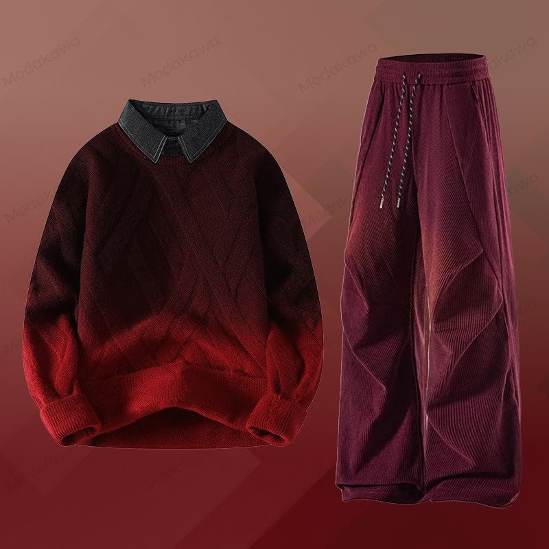 フェイクレイヤードニットセーター コーデュロイパンツ ツーピース - セットI - 3XL - image 9