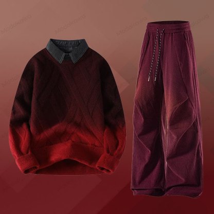 フェイクレイヤードニットセーター コーデュロイパンツ ツーピース - セットI - 3XL - image 9