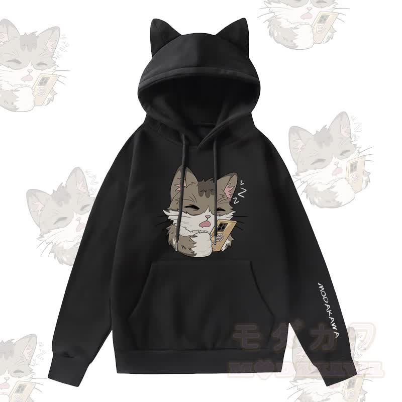 MODAKAWA 携帯電話で遊ぶ猫のグラフィック 猫耳ポケット付きフリース裏地パーカー - 黒 - 2XL - image 3
