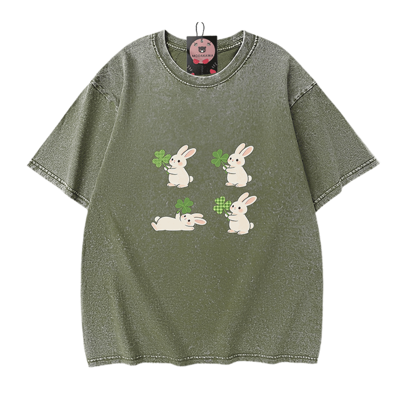 セントパトリックデー バニー グラフィックModakawaヴィンテージ ウォッシュ加工100%綿Tシャツ - Green - 5XL - image 8