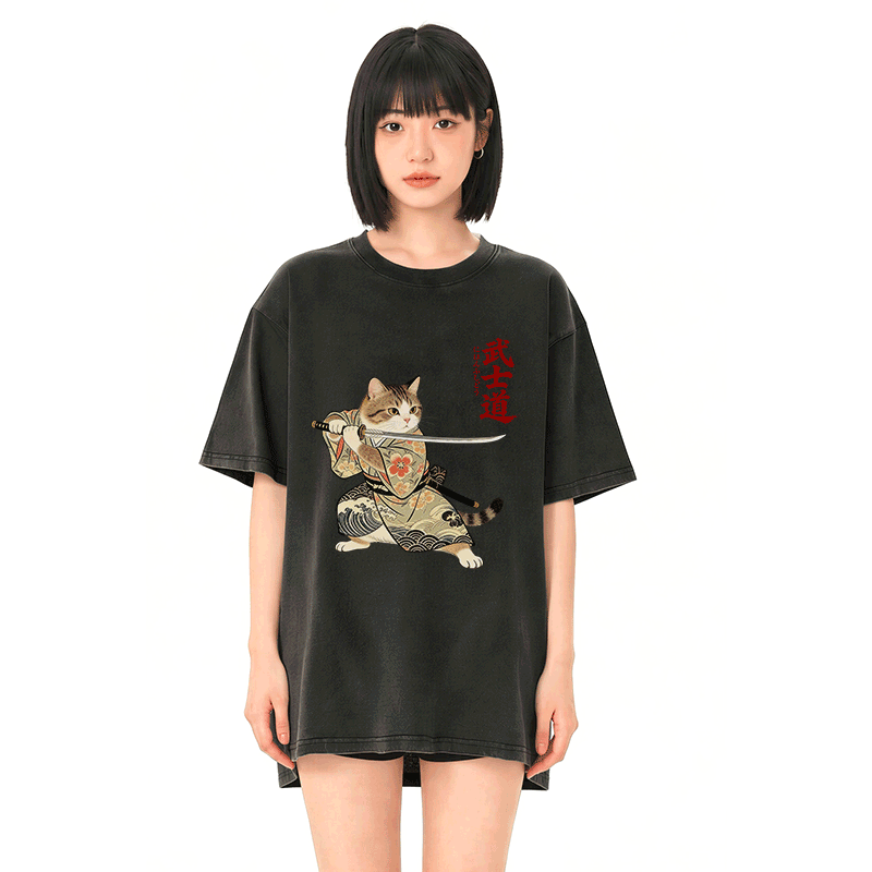 サムライキャットグラフィックModakawaヴィンテージ綿加工 綿100% Tシャツ - image 2