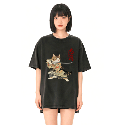 サムライキャットグラフィックModakawaヴィンテージ綿加工 綿100% Tシャツ - image 2