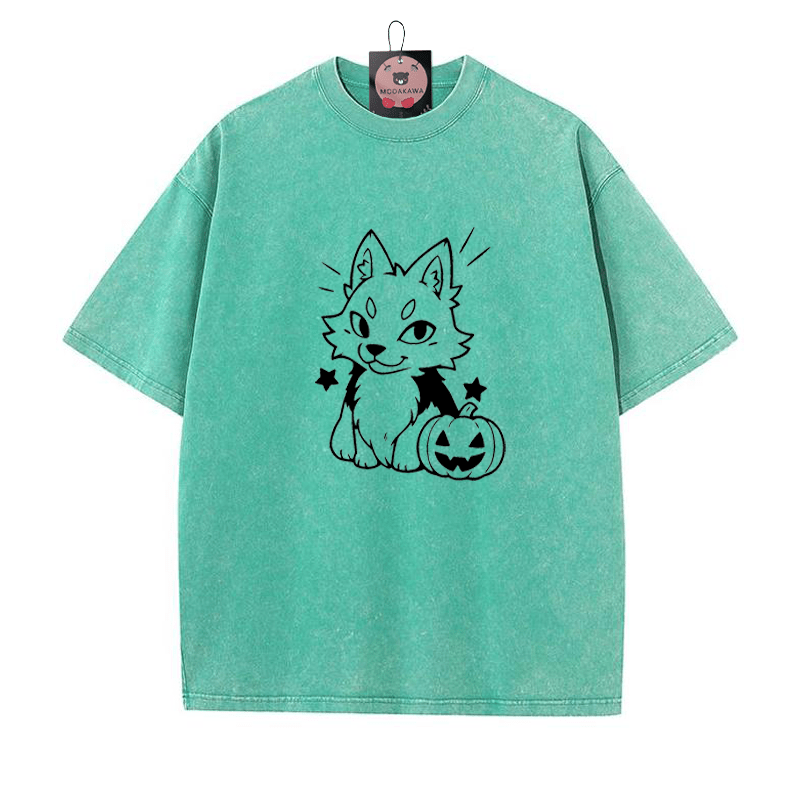 遊び心のあるキツネのパンプキングラフィック ユニセックス ヴィンテージ ウォッシュTシャツ - Green - 5XL - image 5