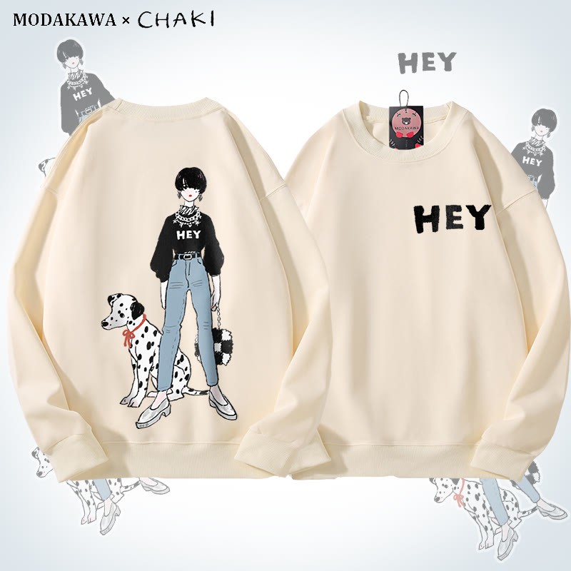MODAKAWA X chaki ガール＆ダルメシアン グラフィック ユニセックス スウェットシャツ - Beige - 5XL - image 3