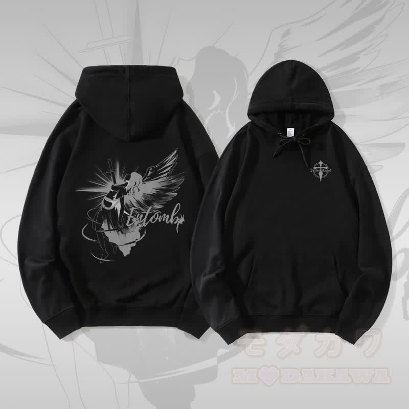 MODAKAWA ENTOMB 堕天使グラフィック ストリートウェア プルオーバー パーカー - 黒 - 5XL - image 4