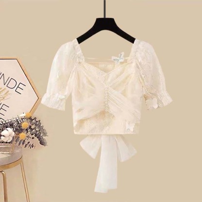 ボウノットバタフライチュールクロップトップTシャツフィッシュテールデニムスカート2ピースセット - image 6