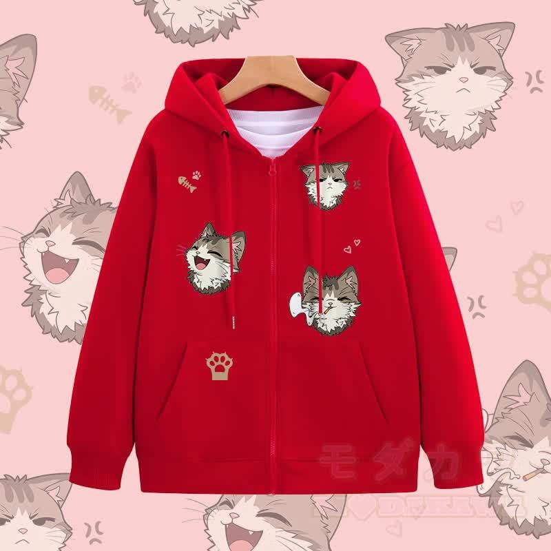 MODAKAWA チアフルキャットグラフィック ジップアップ パーカー スウェットシャツ - 赤 - 5XL - image 3