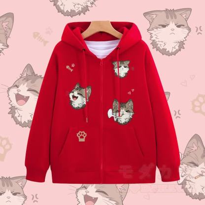 MODAKAWA チアフルキャットグラフィック ジップアップ パーカー スウェットシャツ - 赤 - 5XL - image 3