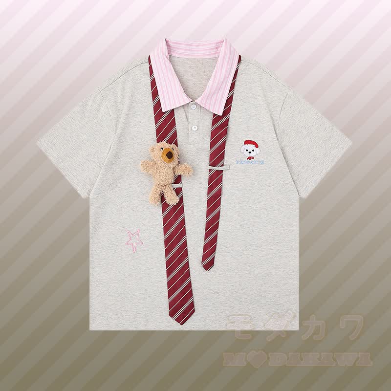 3Dベアストライプネクタイ、カラーブロックポロシャツ、ダメージデニムパンツ、Modakawaお揃いコーデ - グレーのTシャツ - XL - image 5