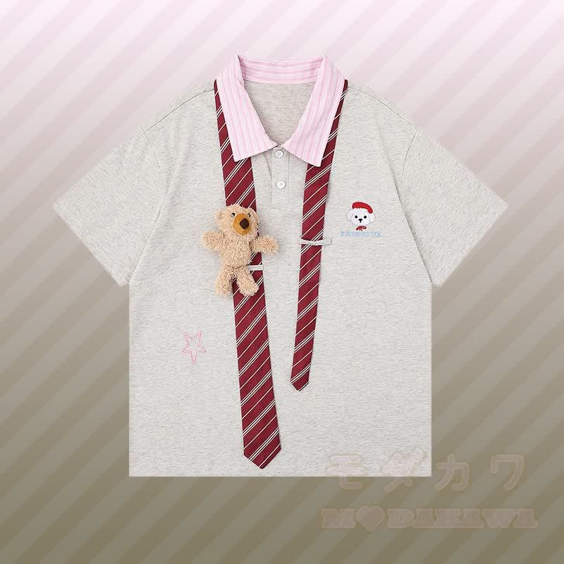 3Dベアストライプネクタイ、カラーブロックポロシャツ、ダメージデニムパンツ、Modakawaお揃いコーデ - グレーのTシャツ - XL - image 5