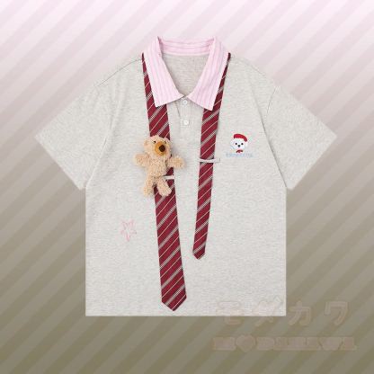 3Dベアストライプネクタイ、カラーブロックポロシャツ、ダメージデニムパンツ、Modakawaお揃いコーデ - グレーのTシャツ - XL - image 5