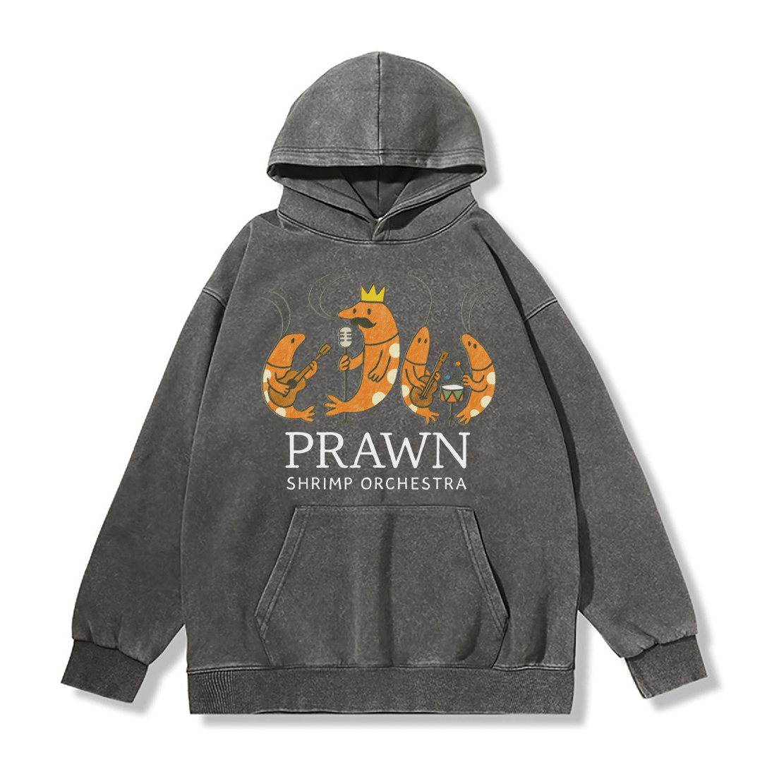 PRAWN SHRIMP ORCHESTRA ユニセックス ヴィンテージウォッシュドフーディー バンドグラフィックプルオーバー - Grey - 2XL - image 5
