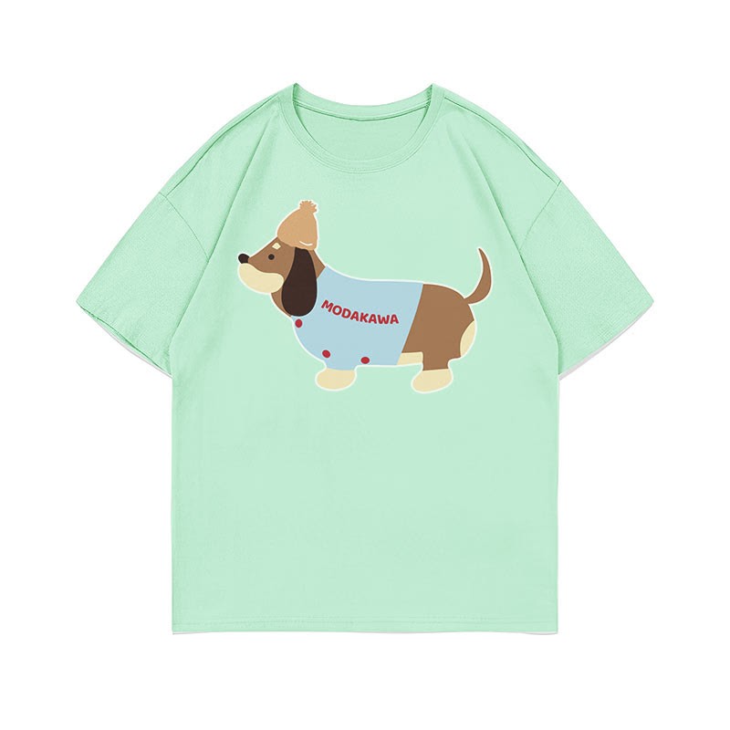 子犬プリント100%綿ModakawaTシャツ - Green - 5XL - image 5