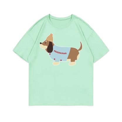 子犬プリント100%綿ModakawaTシャツ - Green - 5XL - image 5