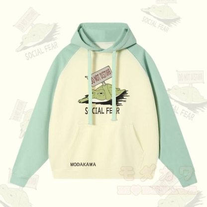 DO NOT DISTURB SOCIAL FEAR カエルグラフィック ストリートウェアカラーブロック パーカー - ライトグリーン＆アプリコット - 3XL - image 3