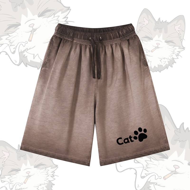 CATグラフィックModakawa 100%綿グラデーション ヴィンテージウォッシュ加工 ダメージ加工 ショートパンツ - Brown - 5XL - image 3